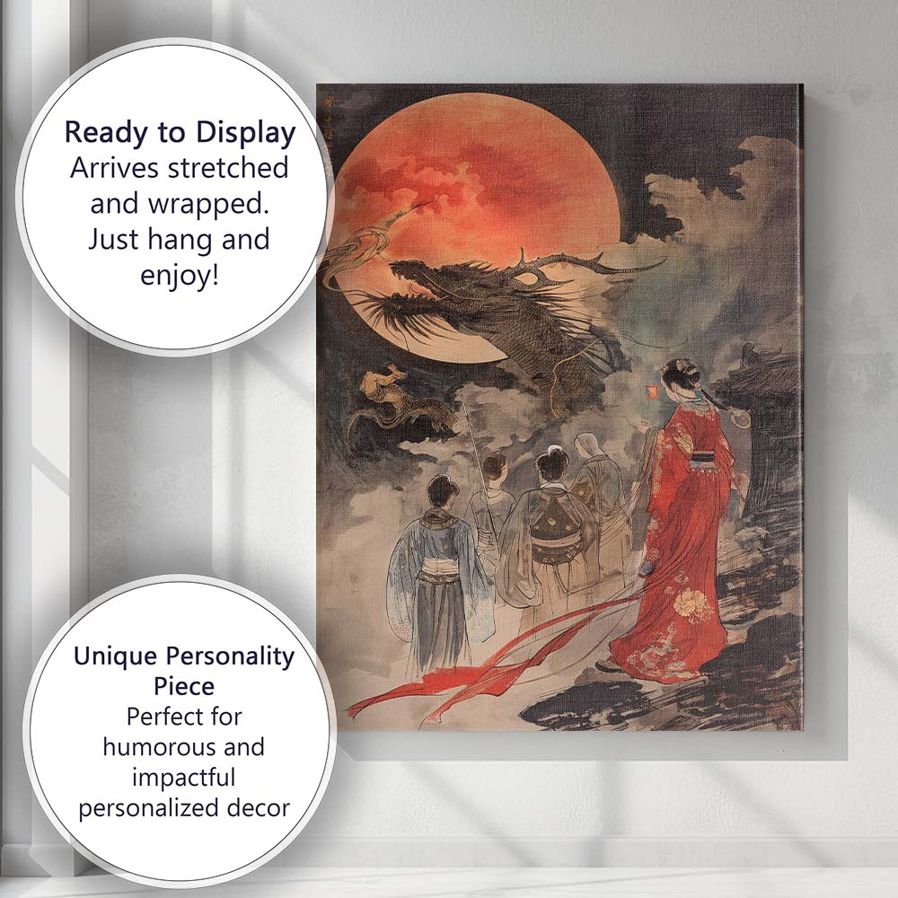 Traditional Chinese Dragon Red Moon Oriental Ink Painting Canvas Wall Art Print Decor Picture Ready to Hang