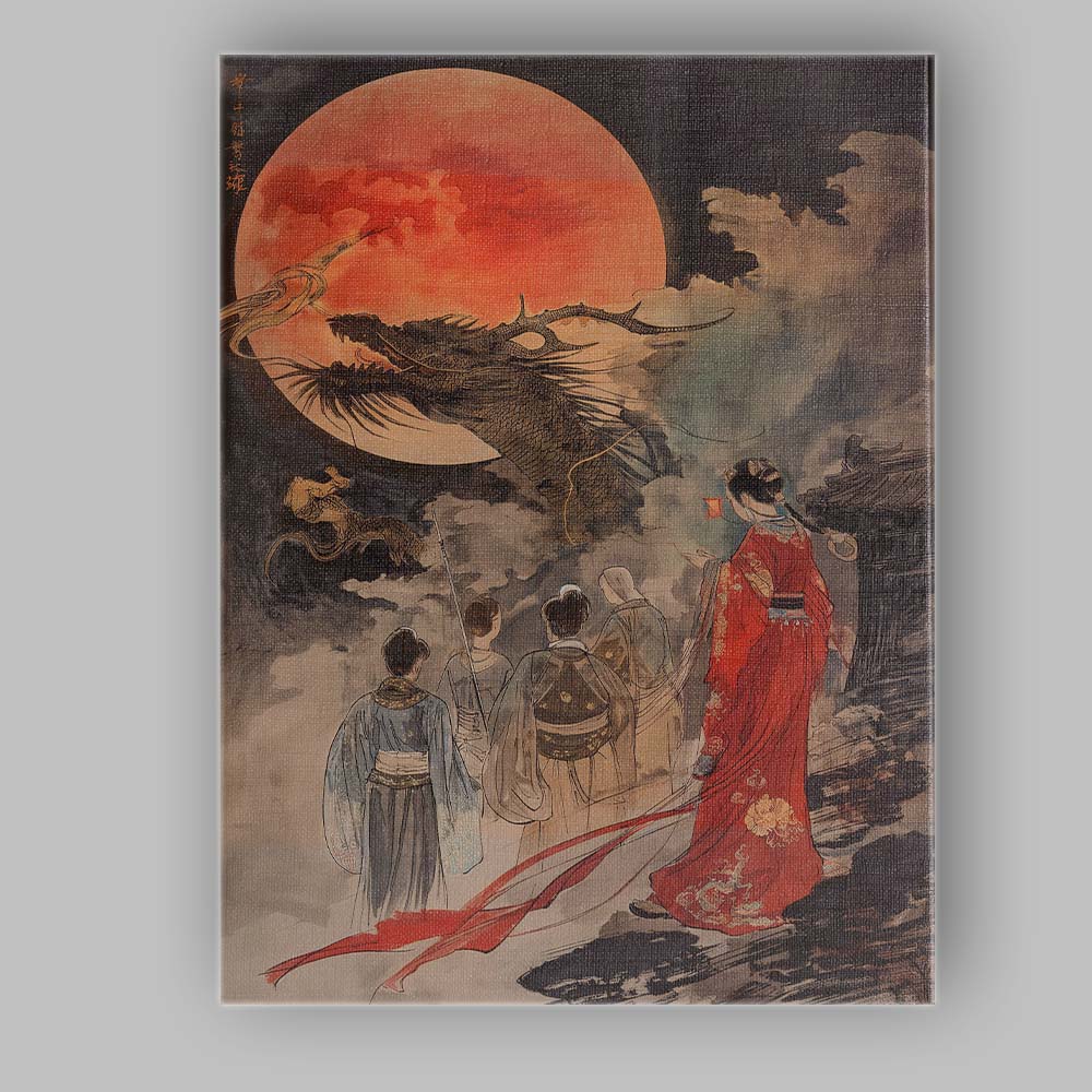 Traditional Chinese Dragon Red Moon Oriental Ink Painting Canvas Wall Art Print Decor Picture Ready to Hang