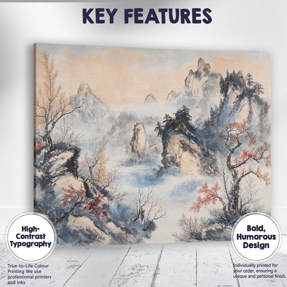 Misty Chinese Mountain Landscape Oriental Ink Wash Painting Canvas Wall Art Print Decor Picture Ready to Hang