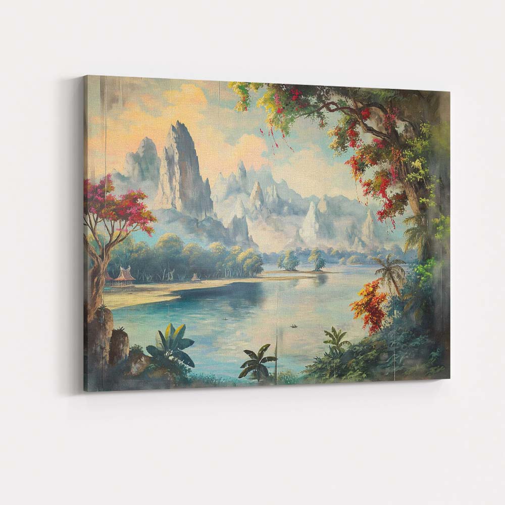 Serene Oriental Mountain Lake Scenic Landscape Traditional Style Canvas Wall Art Print Decor Picture Ready to Hang