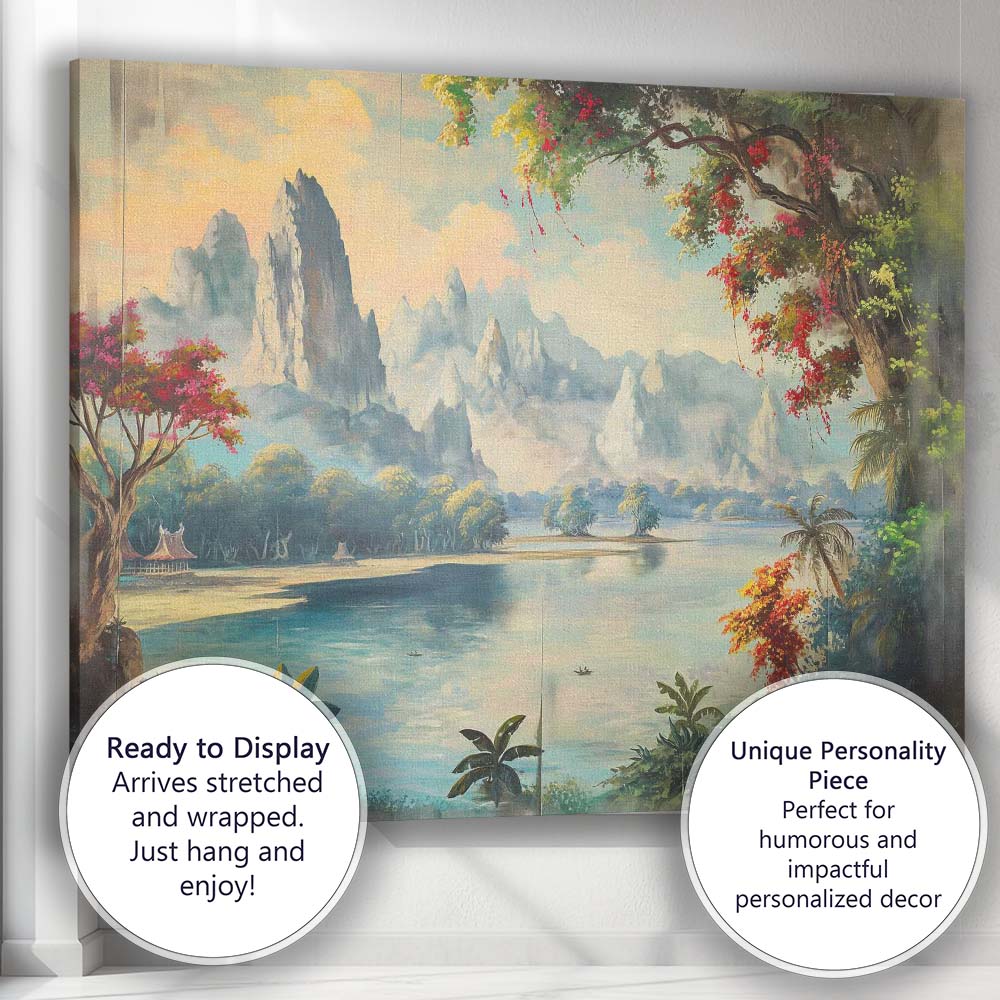 Serene Oriental Mountain Lake Scenic Landscape Traditional Style Canvas Wall Art Print Decor Picture Ready to Hang