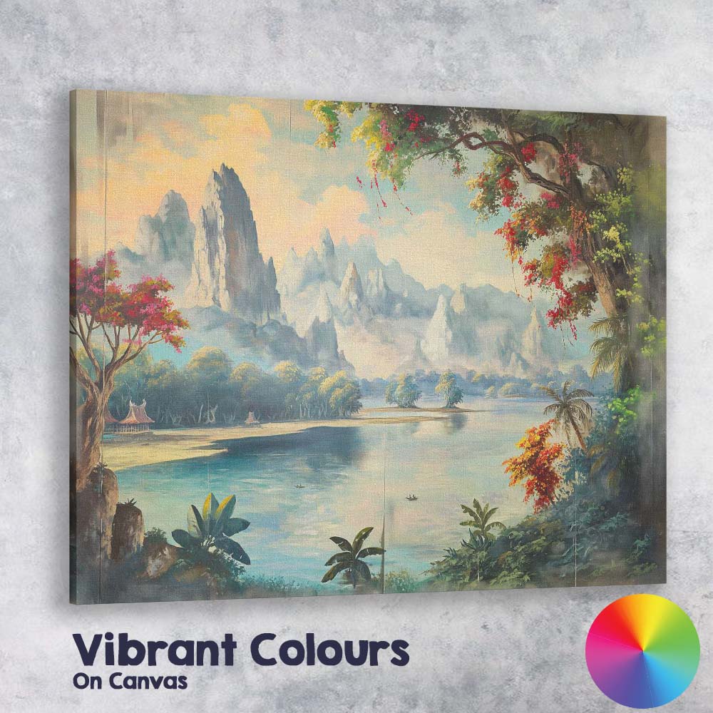 Serene Oriental Mountain Lake Scenic Landscape Traditional Style Canvas Wall Art Print Decor Picture Ready to Hang