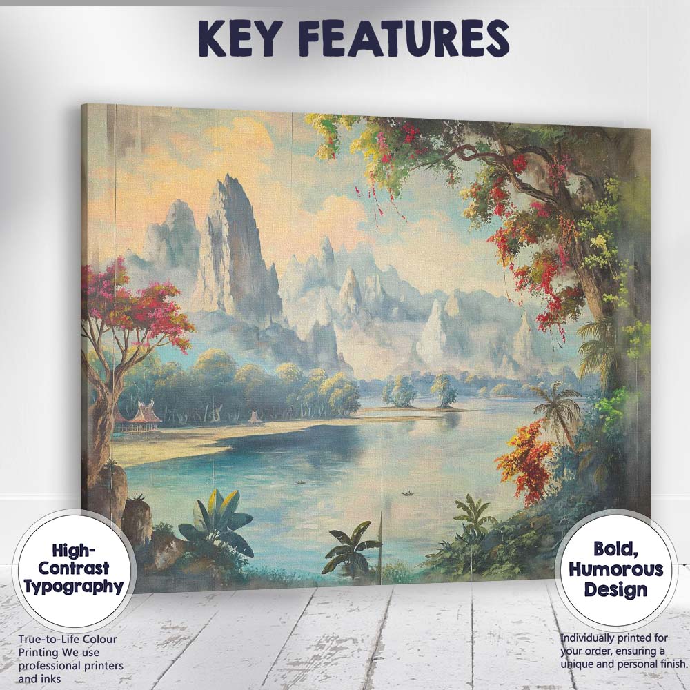 Serene Oriental Mountain Lake Scenic Landscape Traditional Style Canvas Wall Art Print Decor Picture Ready to Hang