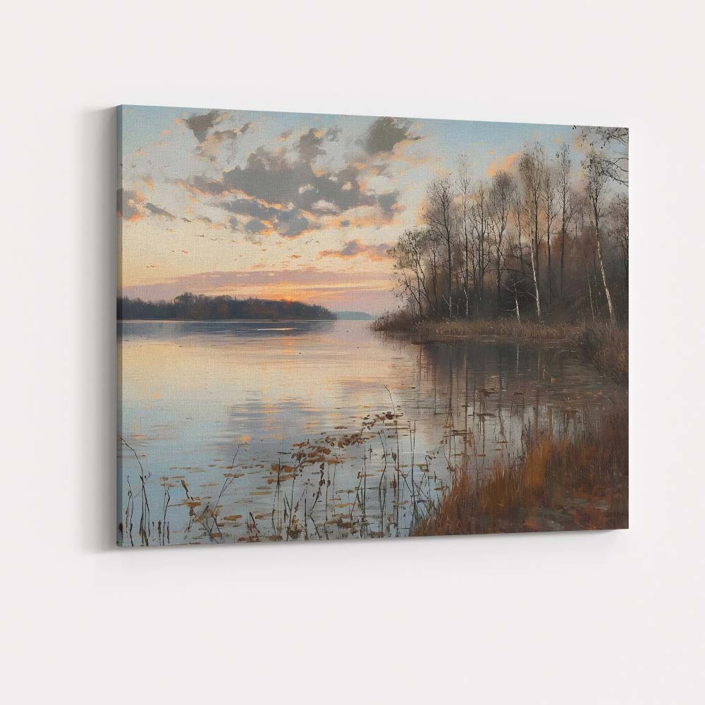 Tranquil Lakeside Sunset Reflection with Bare Woodland Trees Canvas Wall Art Print Decor Picture Ready to Hang