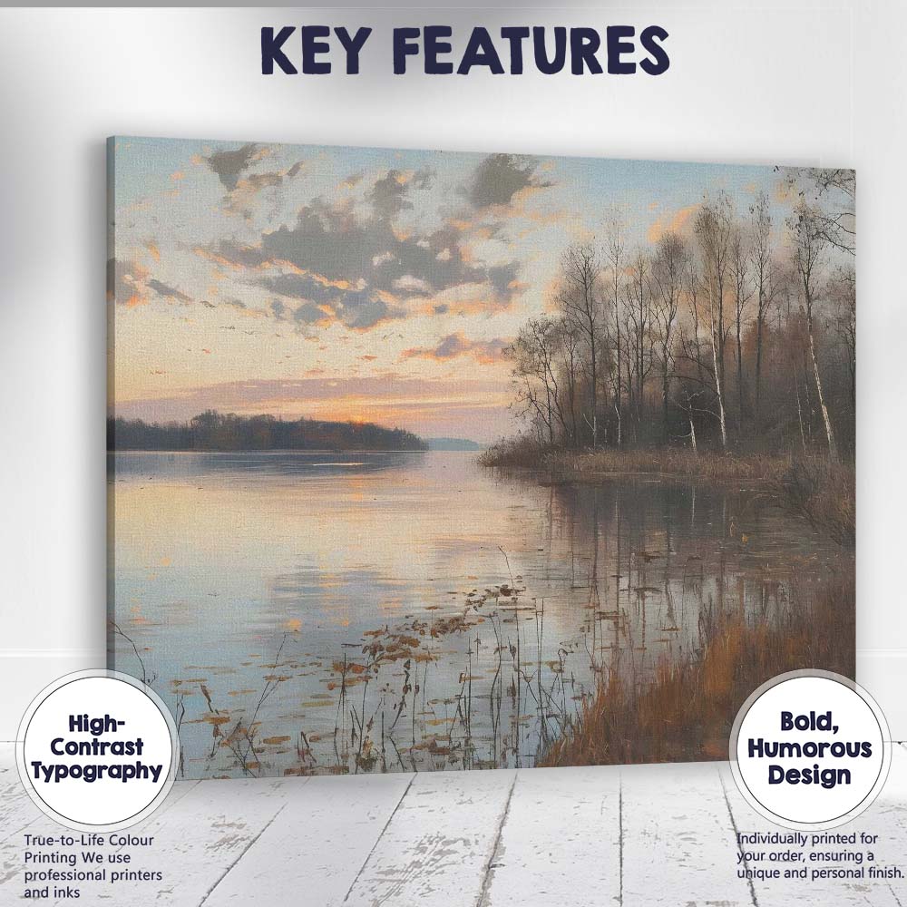 Tranquil Lakeside Sunset Reflection with Bare Woodland Trees Canvas Wall Art Print Decor Picture Ready to Hang
