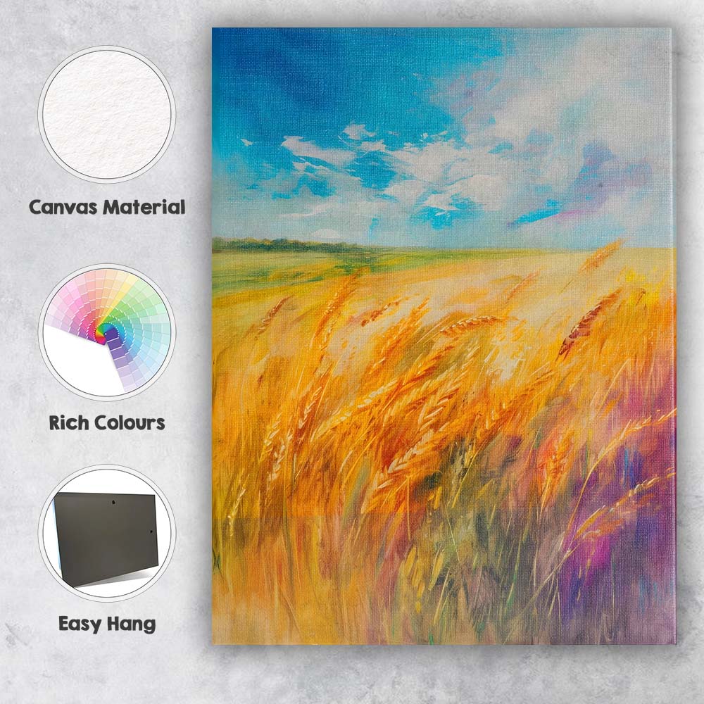 Golden Wheat Field Under Bright Blue Summer Sky Abstract Landscape Canvas Wall Art Print Decor Picture Ready to Hang