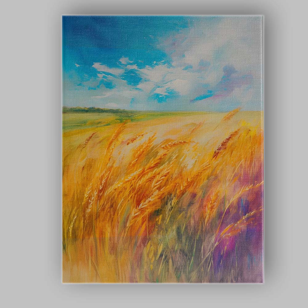 Golden Wheat Field Under Bright Blue Summer Sky Abstract Landscape Canvas Wall Art Print Decor Picture Ready to Hang