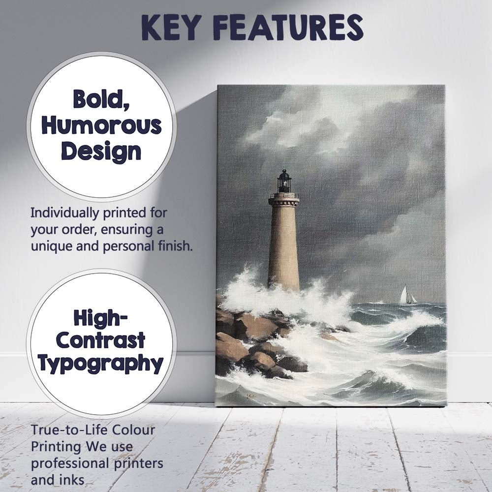 Stormy Coastal Lighthouse Ocean Waves Seascape Painting Canvas Wall Art Print Decor Picture Ready to Hang