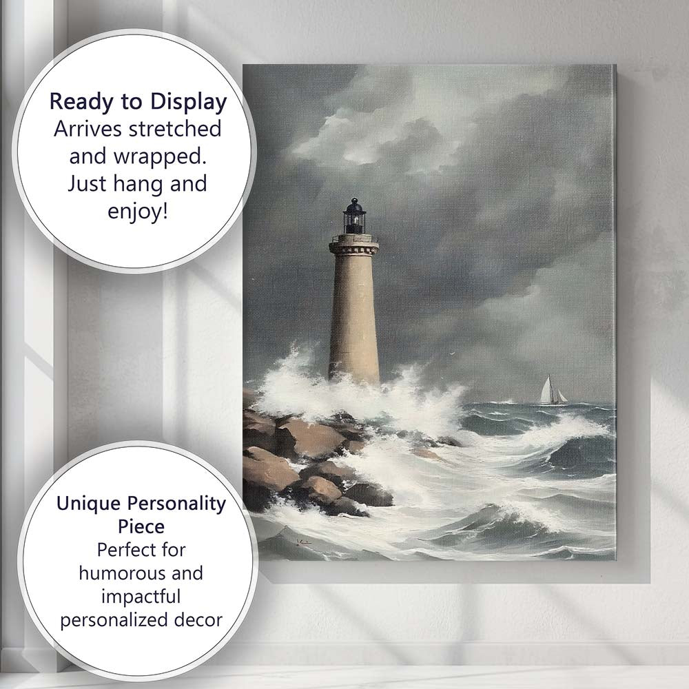 Stormy Coastal Lighthouse Ocean Waves Seascape Painting Canvas Wall Art Print Decor Picture Ready to Hang
