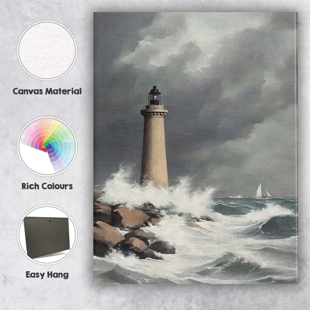 Stormy Coastal Lighthouse Ocean Waves Seascape Painting Canvas Wall Art Print Decor Picture Ready to Hang