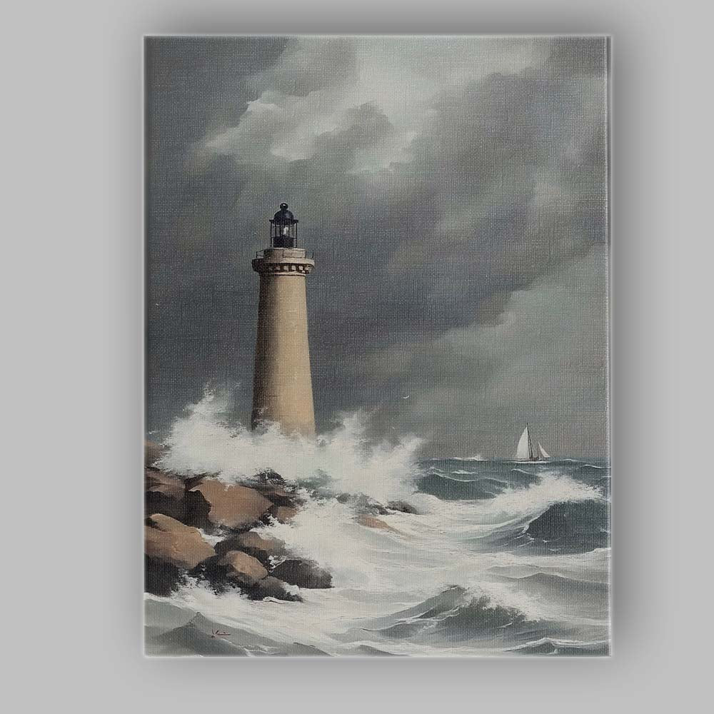 Stormy Coastal Lighthouse Ocean Waves Seascape Painting Canvas Wall Art Print Decor Picture Ready to Hang
