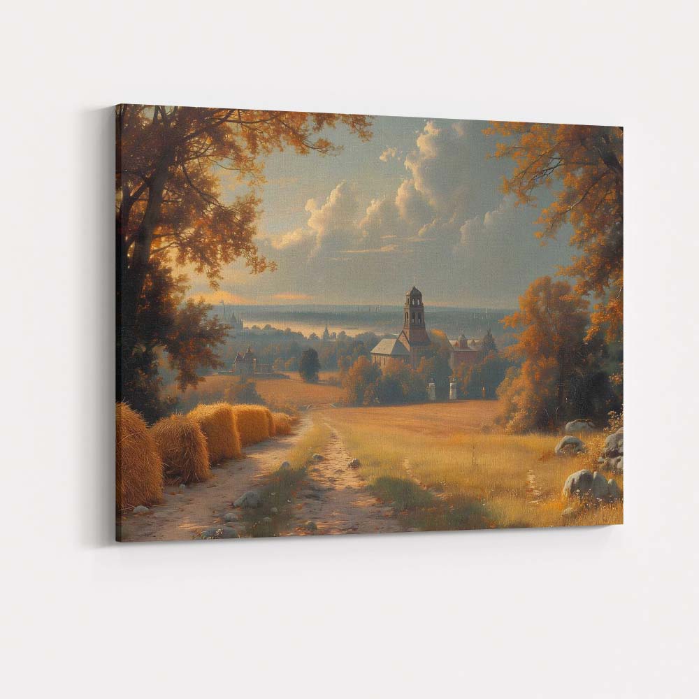 Autumn Countryside Church And Hay Bales Golden Hour Landscape Canvas Wall Art Print Decor Picture Ready to Hang