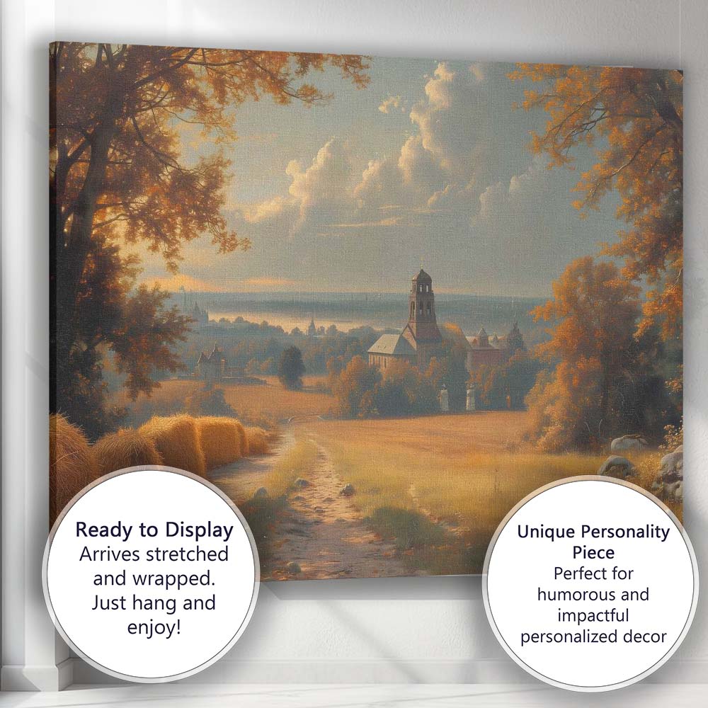 Autumn Countryside Church And Hay Bales Golden Hour Landscape Canvas Wall Art Print Decor Picture Ready to Hang