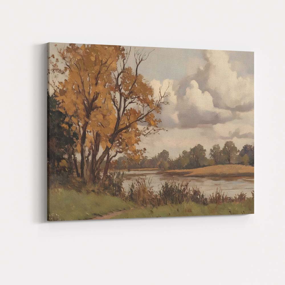 Golden Autumn Riverside Tree Peaceful Landscape Canvas Wall Art Print Decor Picture Ready to Hang