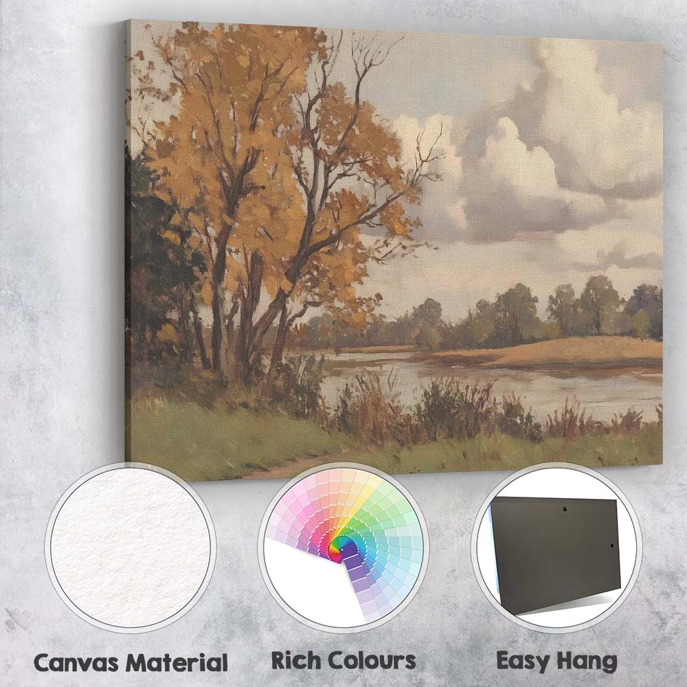 Golden Autumn Riverside Tree Peaceful Landscape Canvas Wall Art Print Decor Picture Ready to Hang