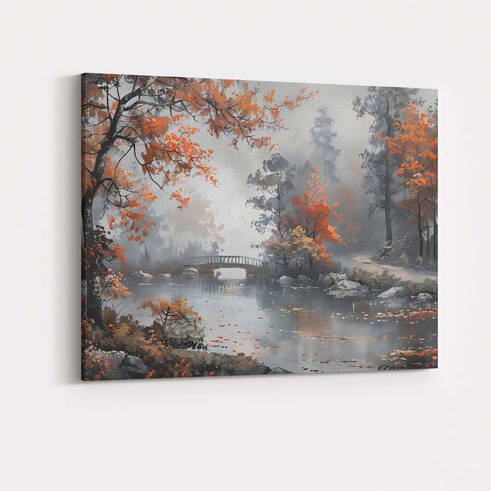 Misty Autumn River Scene with Bridge and Orange Foliage Canvas Wall Art Print Decor Picture Ready to Hang