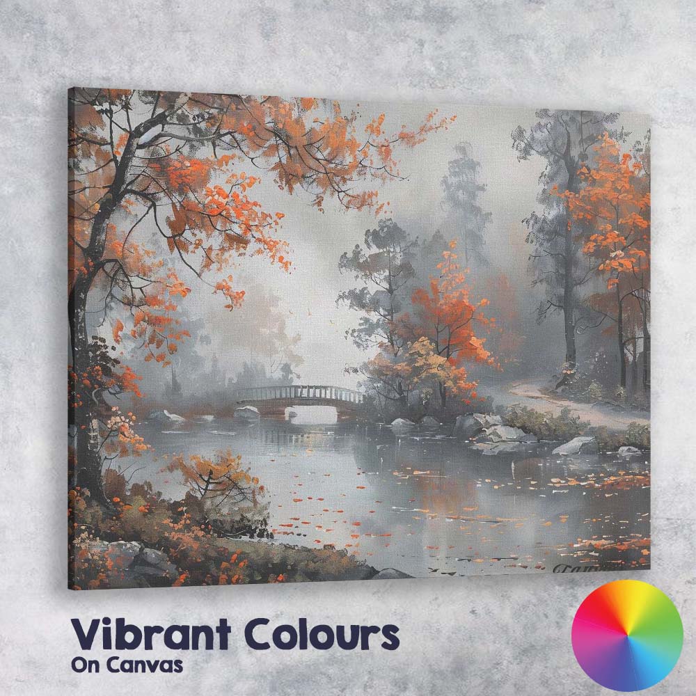 Misty Autumn River Scene with Bridge and Orange Foliage Canvas Wall Art Print Decor Picture Ready to Hang