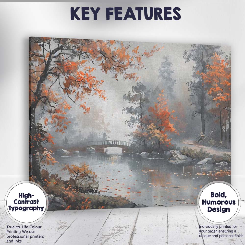 Misty Autumn River Scene with Bridge and Orange Foliage Canvas Wall Art Print Decor Picture Ready to Hang
