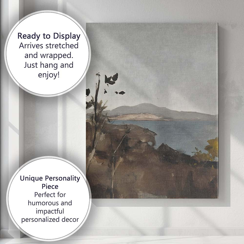 Minimalist Coastal Lake View Neutral Landscape Painting Canvas Wall Art Print Decor Picture Ready to Hang