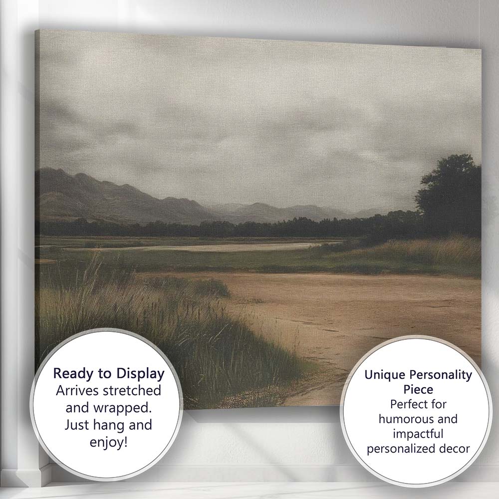 Atmospheric Highland Lake and Mountain Landscape in Earthy Tones Canvas Wall Art Print Decor Picture Ready to Hang