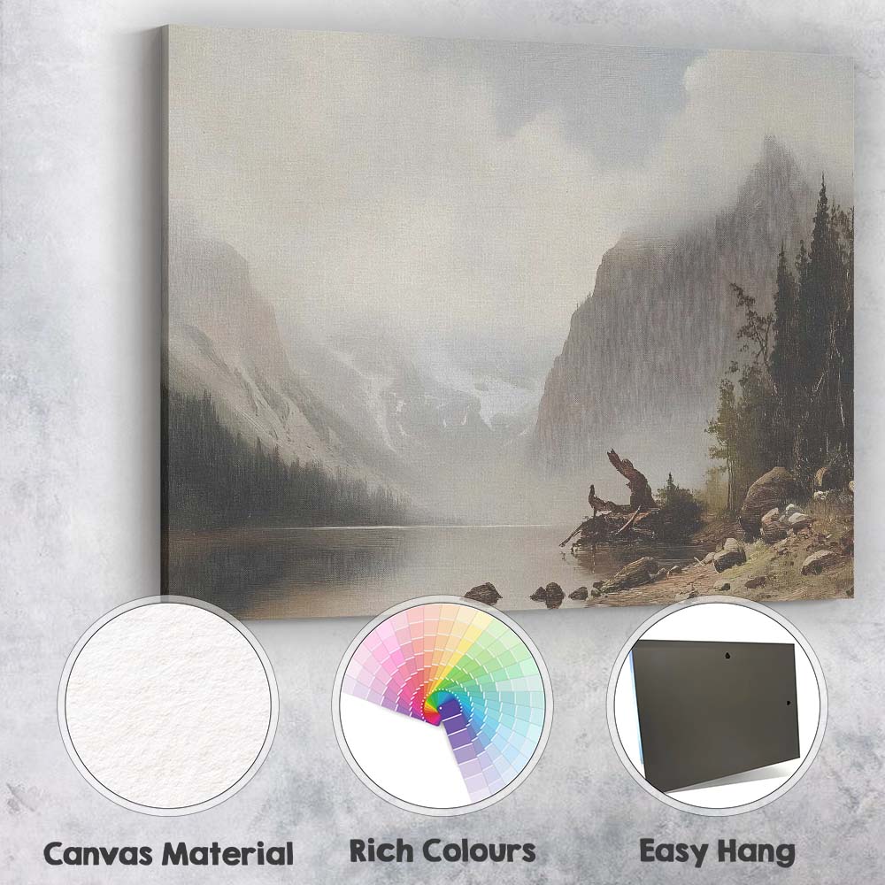 Foggy Mountain Lake Wilderness Landscape Painting Canvas Wall Art Print Decor Picture Ready to Hang