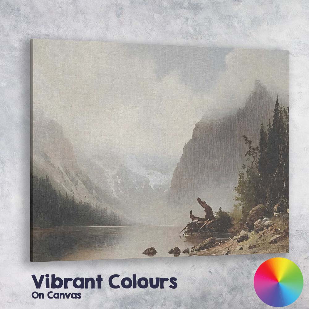 Foggy Mountain Lake Wilderness Landscape Painting Canvas Wall Art Print Decor Picture Ready to Hang