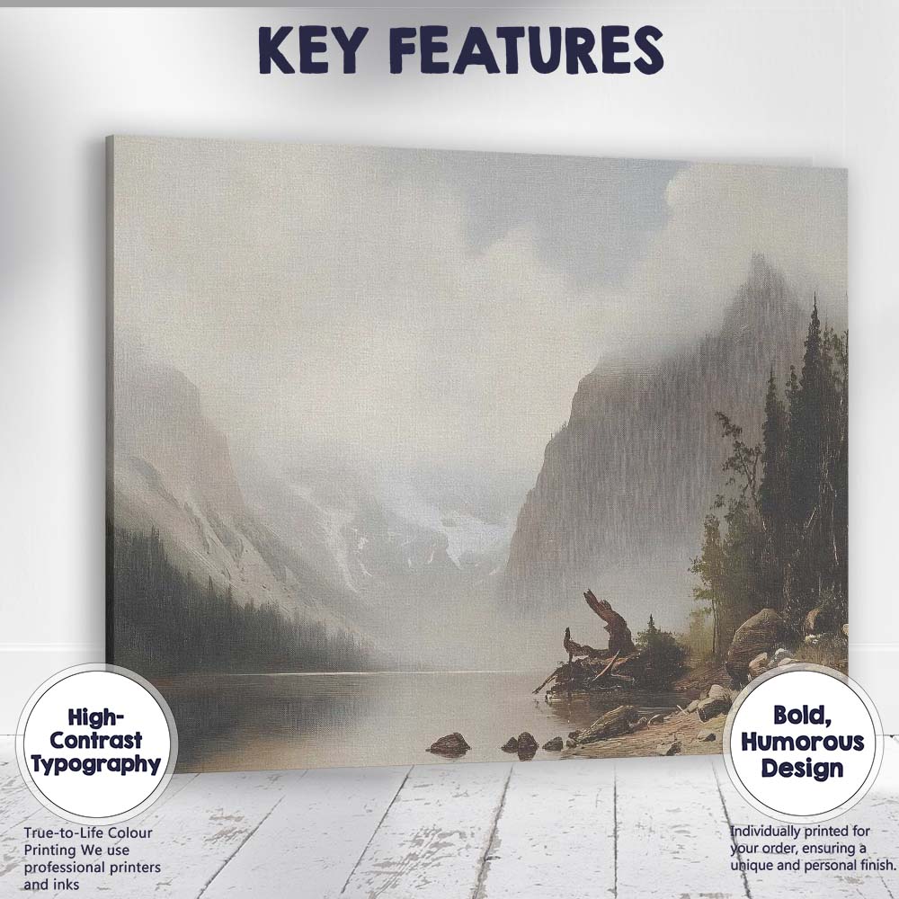 Foggy Mountain Lake Wilderness Landscape Painting Canvas Wall Art Print Decor Picture Ready to Hang
