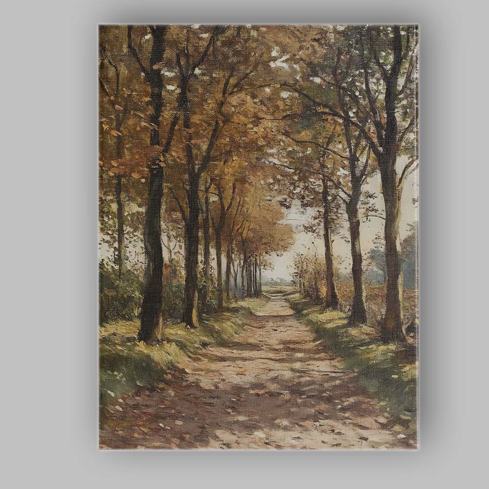 Tree Lined Woodland Path Autumn Forest Landscape Painting Canvas Wall Art Print Decor Picture Ready to Hang