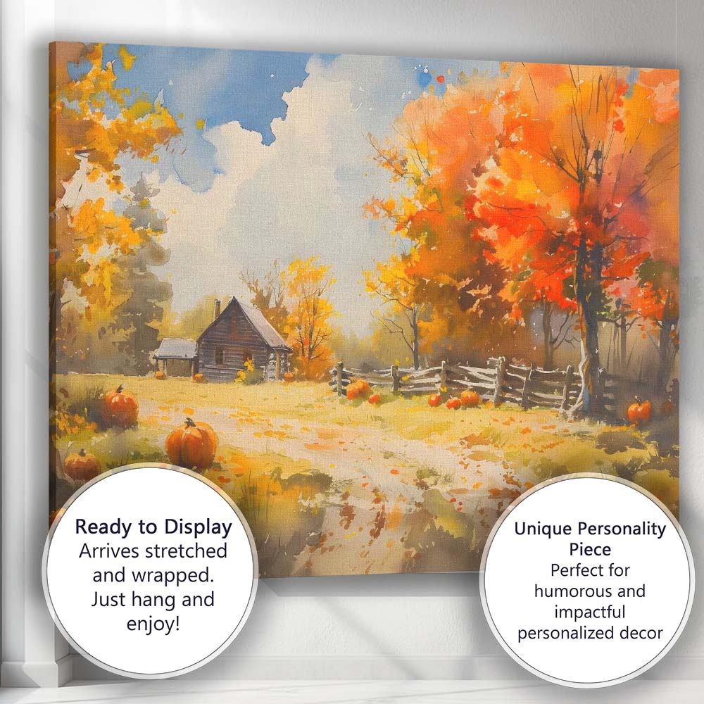 Vibrant Autumn Pumpkin Patch Rustic Farmhouse Watercolour Canvas Wall Art Print Decor Picture Ready to Hang