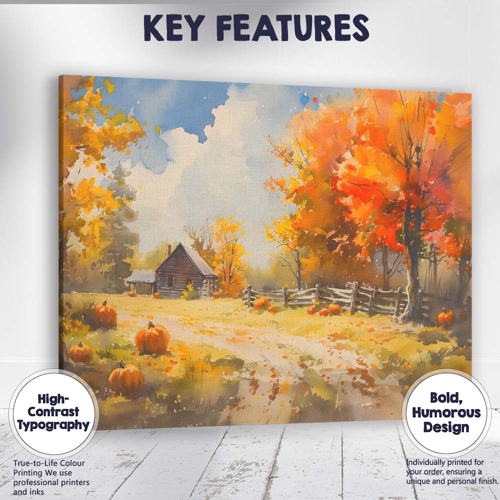 Vibrant Autumn Pumpkin Patch Rustic Farmhouse Watercolour Canvas Wall Art Print Decor Picture Ready to Hang