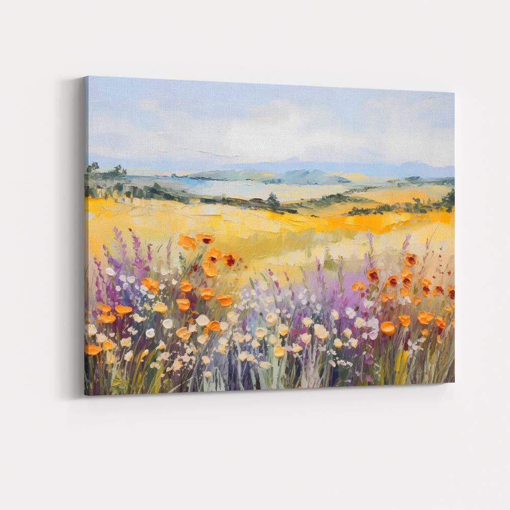 Colourful Wildflower Meadow Rolling Hills Impressionist Landscape Canvas Wall Art Print Decor Picture Ready to Hang