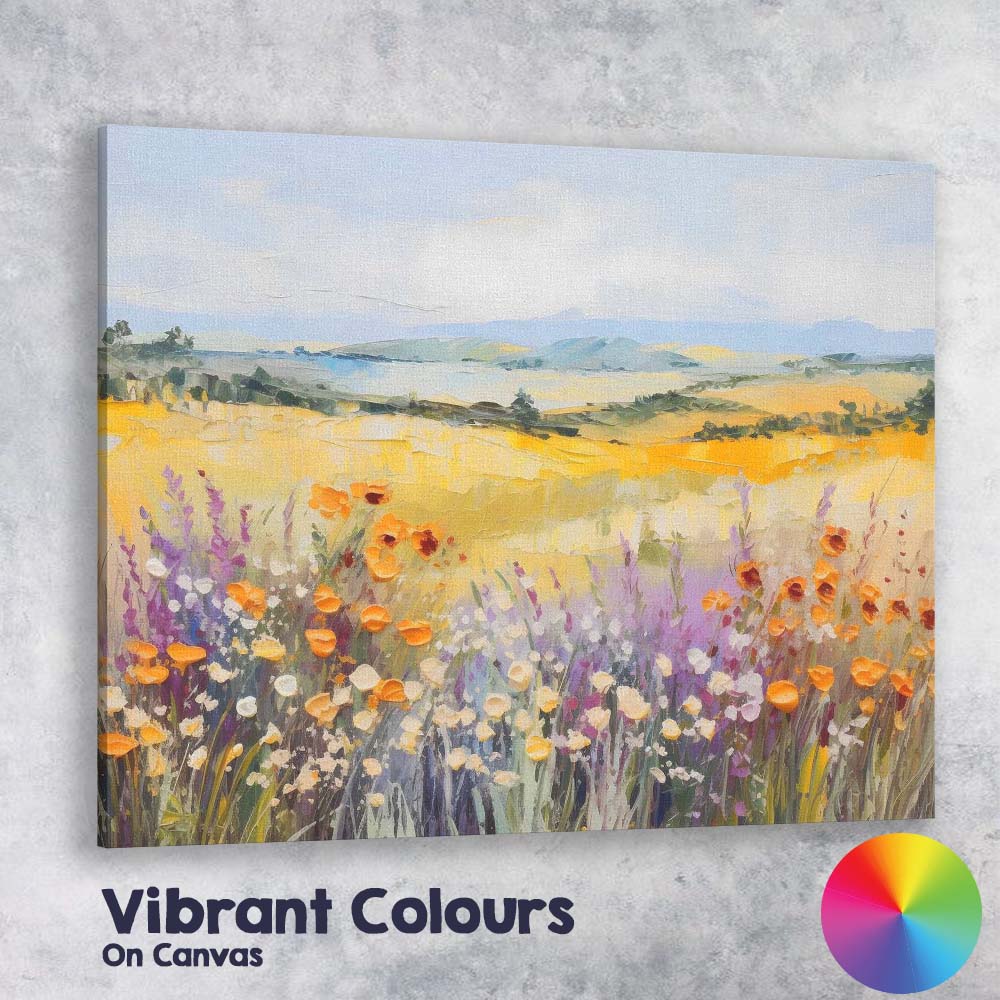 Colourful Wildflower Meadow Rolling Hills Impressionist Landscape Canvas Wall Art Print Decor Picture Ready to Hang