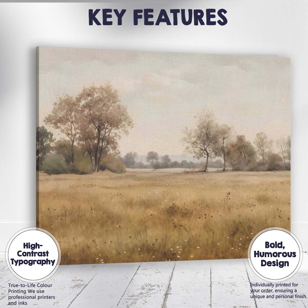 Minimalist Golden Meadow Countryside Landscape Impressionist Canvas Wall Art Print Decor Picture Ready to Hang