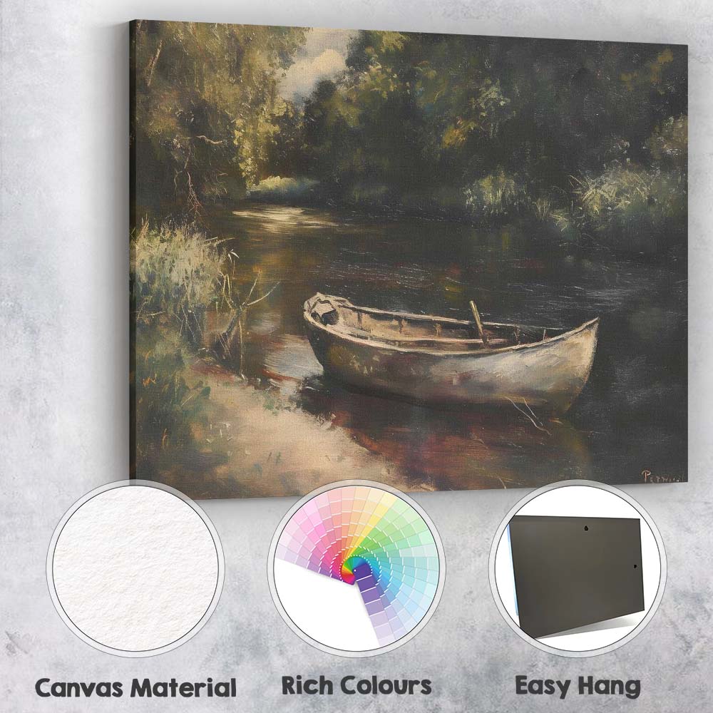 Rustic Woodland River Boat Tranquil Nature Painting Canvas Wall Art Print Decor Picture Ready to Hang