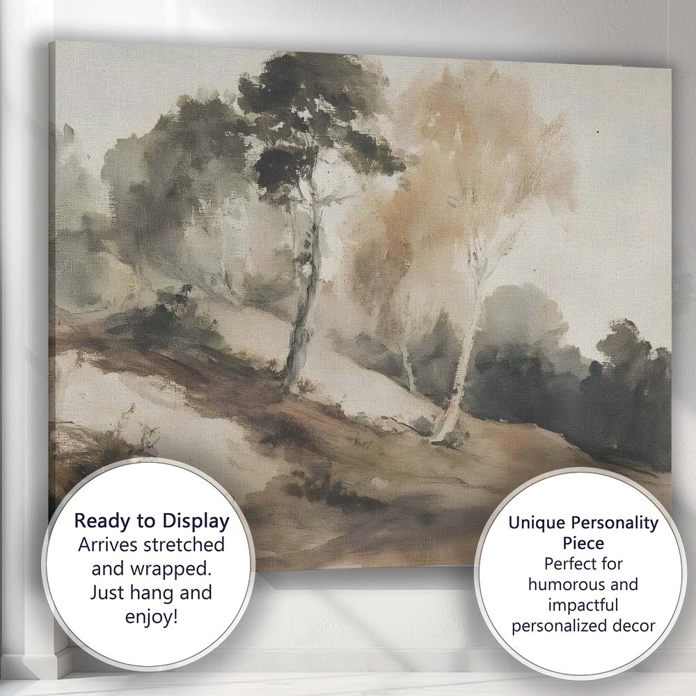 Neutral Misty Woodland Hills Minimalist Landscape Canvas Wall Art Print Decor Picture Ready to Hang