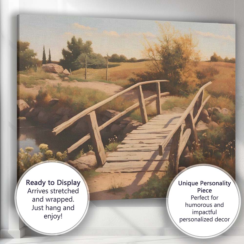 Rustic Country Footbridge Meadow Landscape Painting Canvas Wall Art Print Decor Picture Ready to Hang