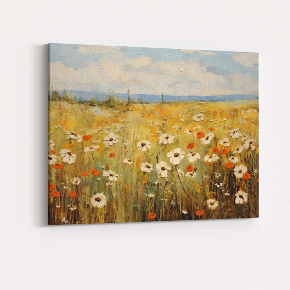 Sunny Wild Daisy And Red Poppy Meadow Landscape Canvas Wall Art Print Decor Picture Ready to Hang