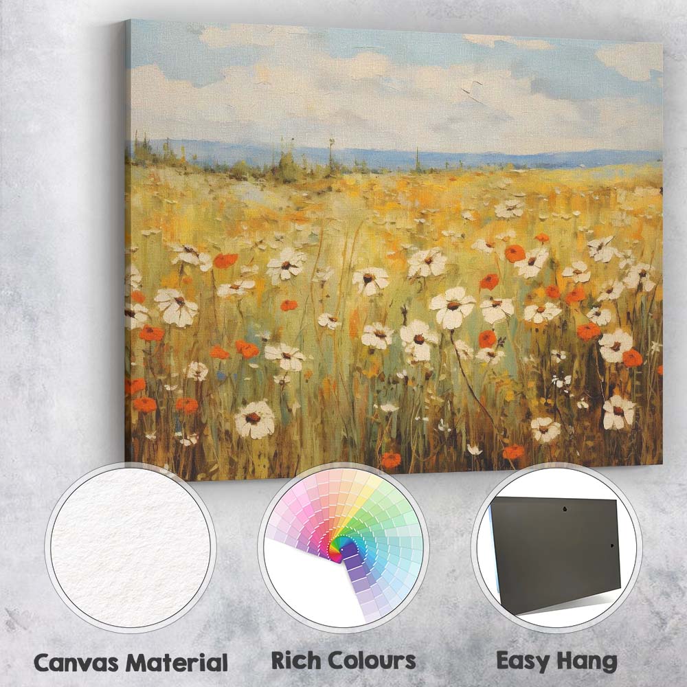 Sunny Wild Daisy And Red Poppy Meadow Landscape Canvas Wall Art Print Decor Picture Ready to Hang