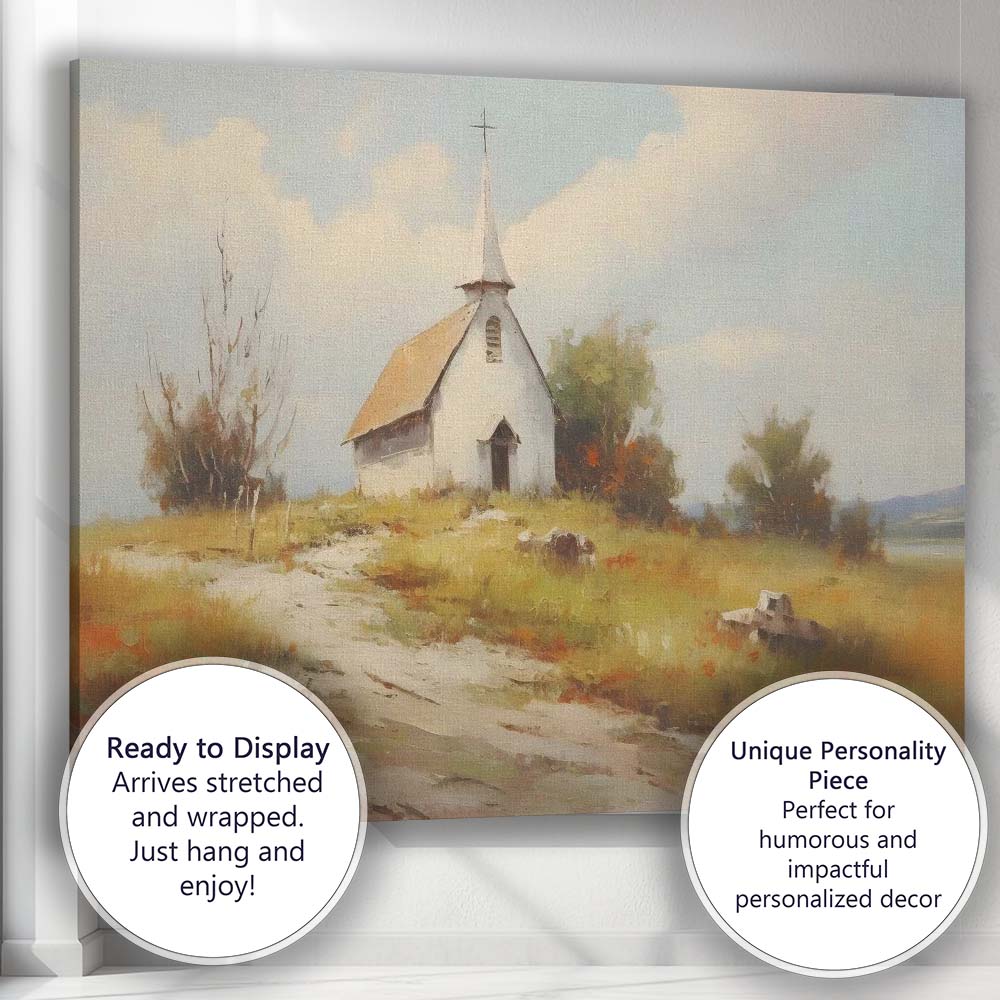 Peaceful White Country Church Rural Hilltop Landscape Canvas Wall Art Print Decor Picture Ready to Hang