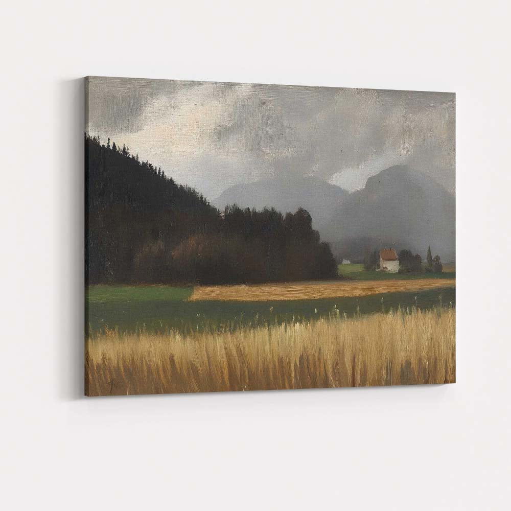 Atmospheric Mountain Farm Golden Field Countryside Landscape Canvas Wall Art Print Decor Picture Ready to Hang
