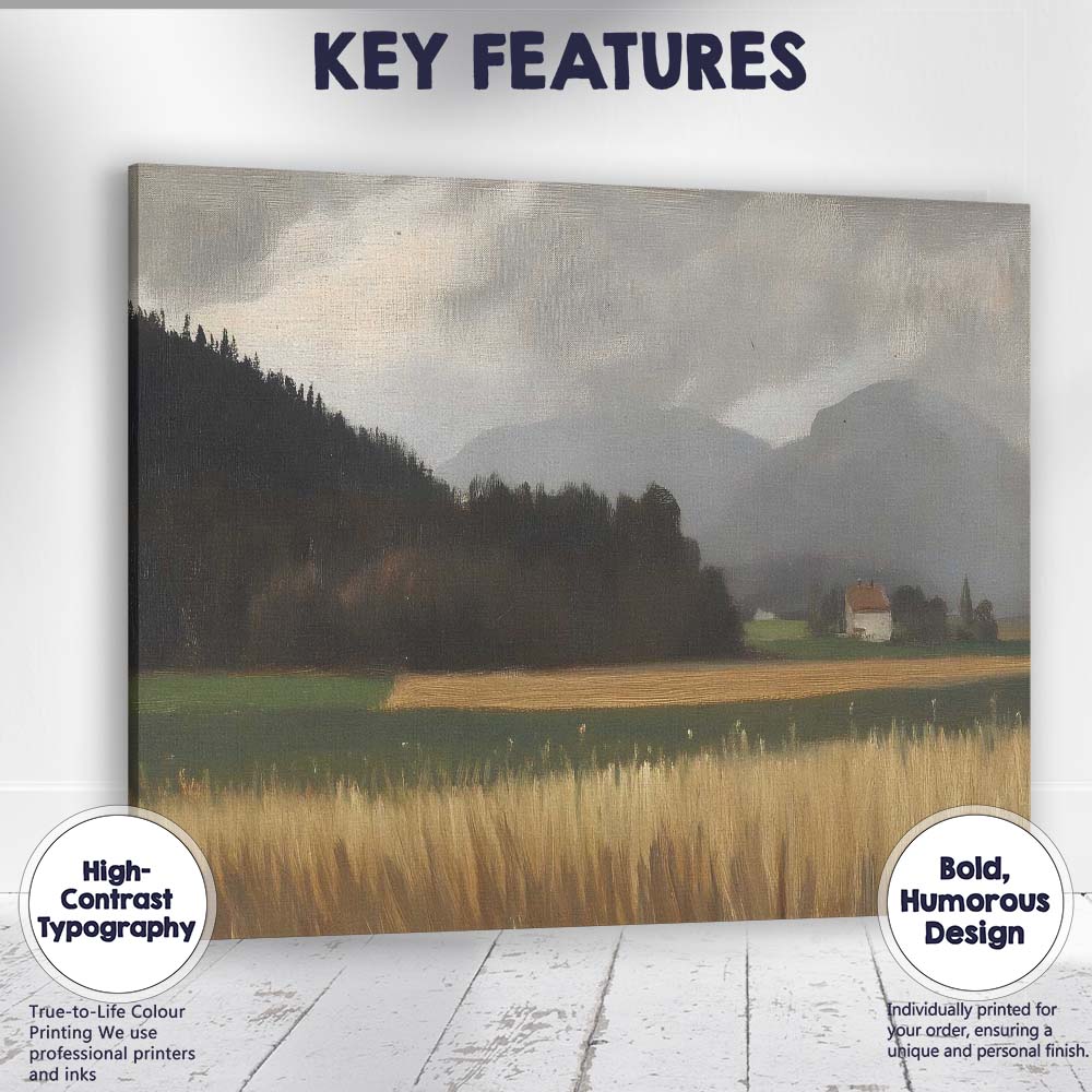 Atmospheric Mountain Farm Golden Field Countryside Landscape Canvas Wall Art Print Decor Picture Ready to Hang