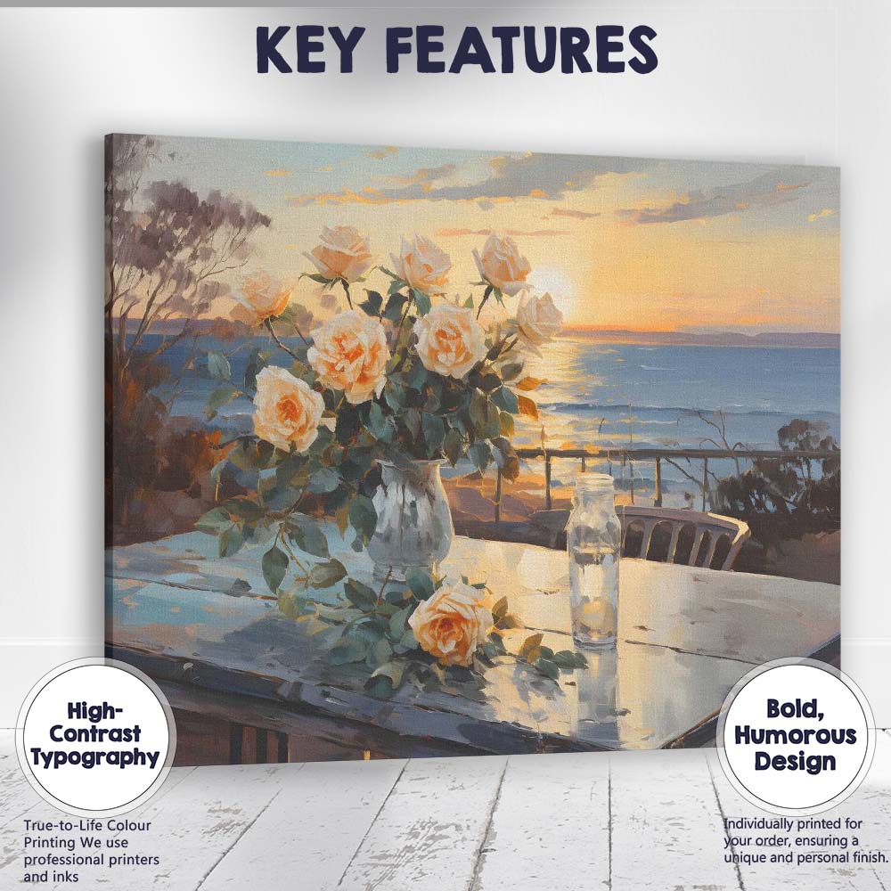 Romantic Rose Bouquet Coastal Sunset Seascape Painting Canvas Wall Art Print Decor Picture Ready to Hang