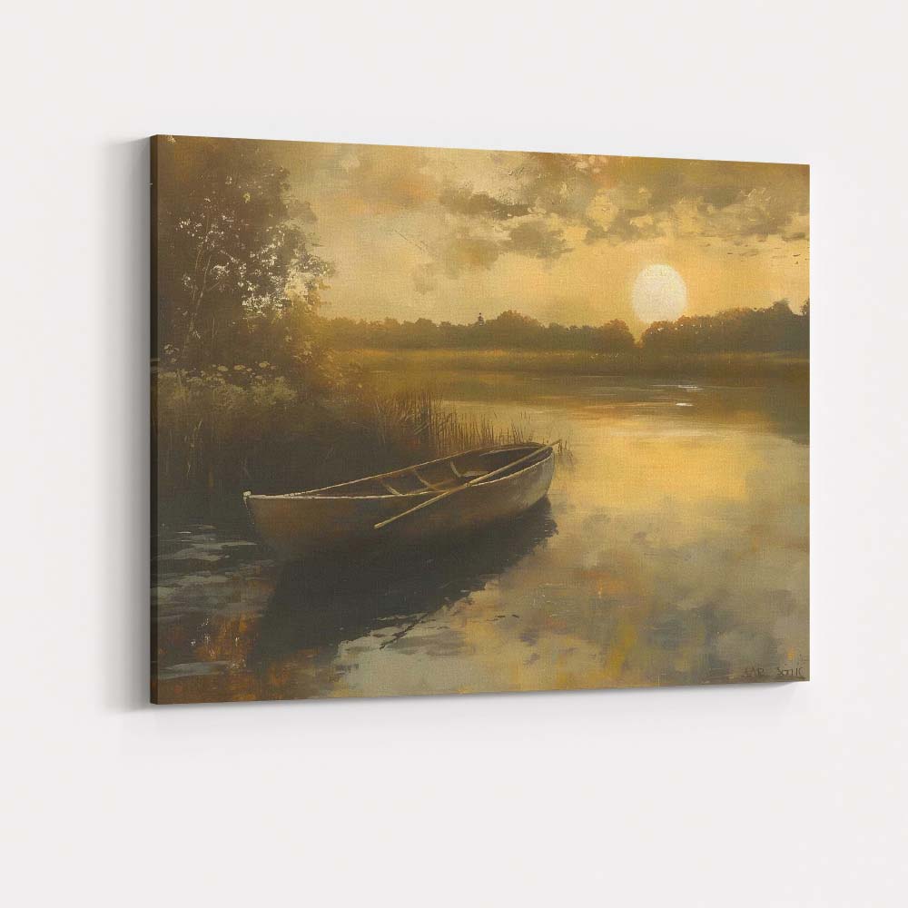 Golden Sunset Lake Rowboat Peaceful Waters Landscape Canvas Wall Art Print Decor Picture Ready to Hang