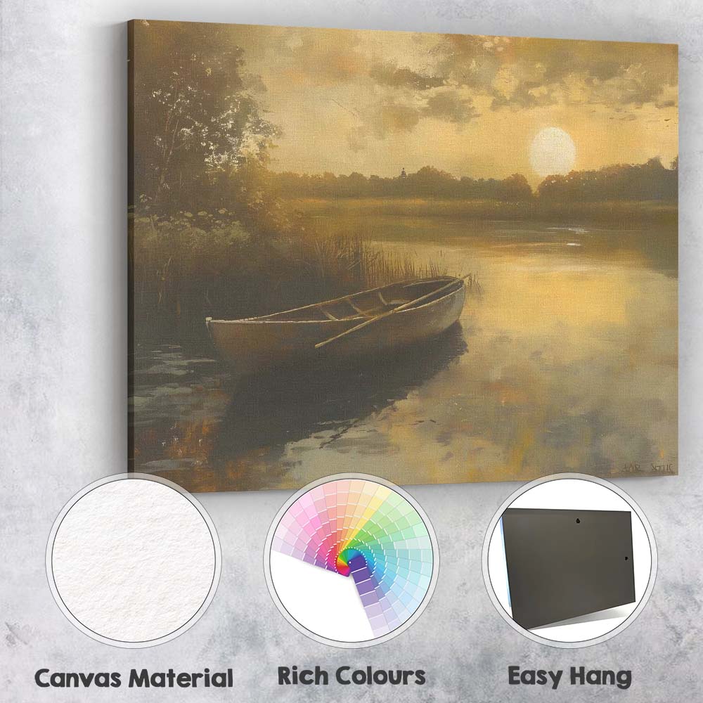 Golden Sunset Lake Rowboat Peaceful Waters Landscape Canvas Wall Art Print Decor Picture Ready to Hang