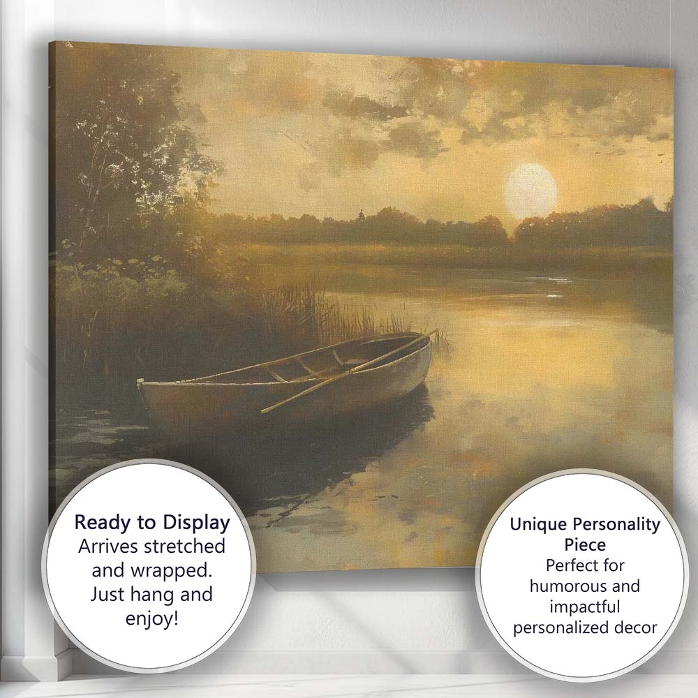 Golden Sunset Lake Rowboat Peaceful Waters Landscape Canvas Wall Art Print Decor Picture Ready to Hang