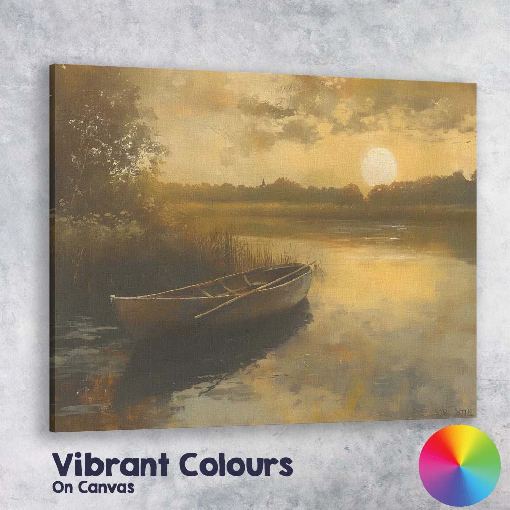 Golden Sunset Lake Rowboat Peaceful Waters Landscape Canvas Wall Art Print Decor Picture Ready to Hang