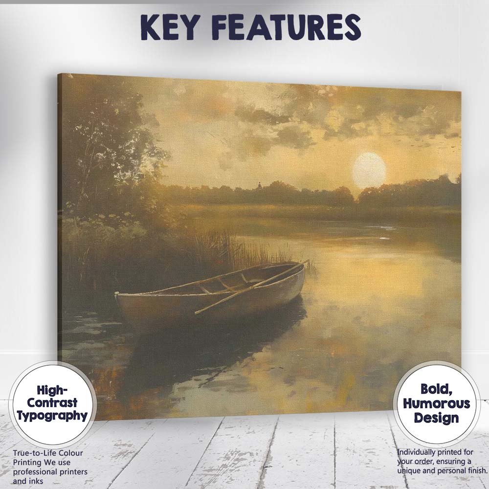 Golden Sunset Lake Rowboat Peaceful Waters Landscape Canvas Wall Art Print Decor Picture Ready to Hang