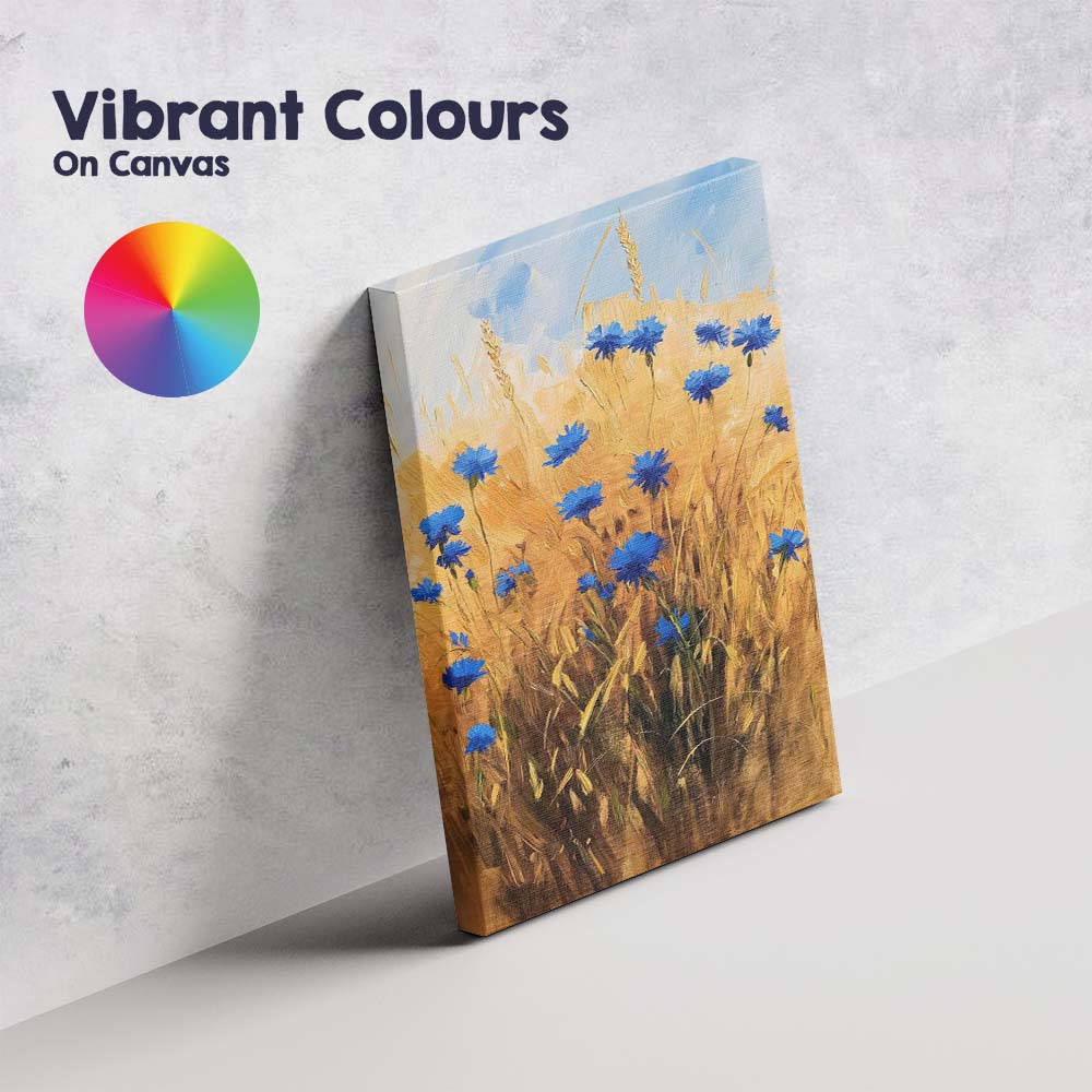 Golden Wheat Field Blue Cornflowers Impressionist Floral Countryside Canvas Wall Art Print Decor Picture Ready to Hang