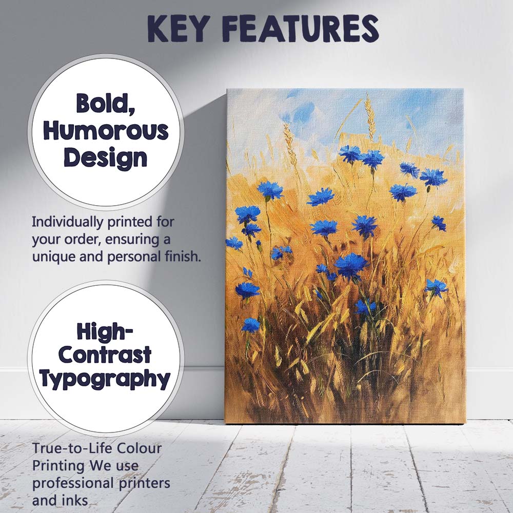 Golden Wheat Field Blue Cornflowers Impressionist Floral Countryside Canvas Wall Art Print Decor Picture Ready to Hang