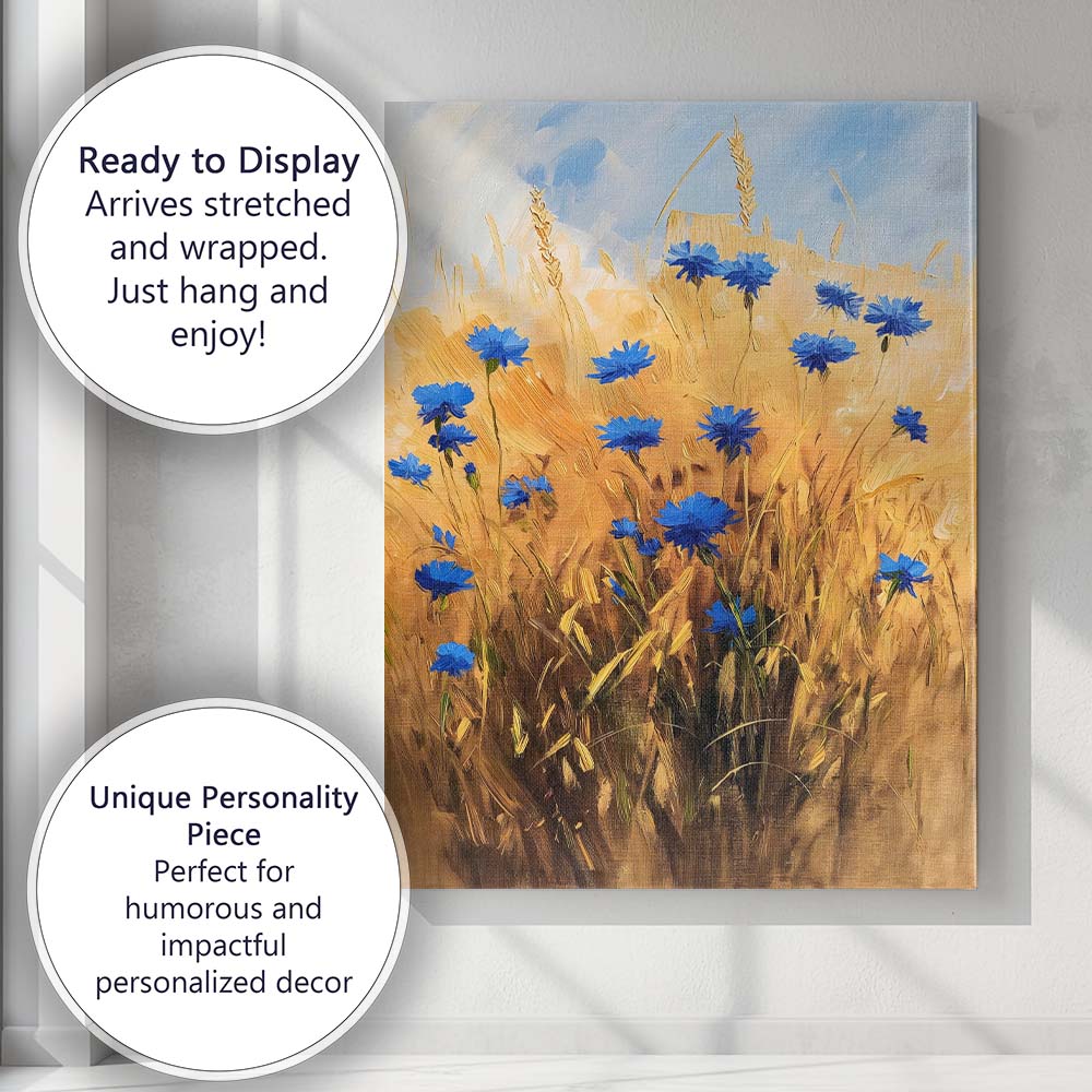 Golden Wheat Field Blue Cornflowers Impressionist Floral Countryside Canvas Wall Art Print Decor Picture Ready to Hang